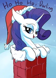 Size: 1000x1400 | Tagged: safe, artist:rocket-lawnchair, derpibooru import, rarity, pony, unicorn, bust, chimney, christmas, darling, female, floppy ears, hat, ho ho ho, holiday, image, jpeg, lidded eyes, looking at you, mare, open mouth, open smile, santa hat, smiling, smiling at you, snow, solo