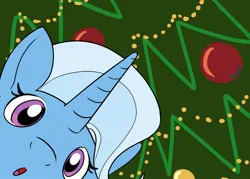 Size: 1400x1000 | Tagged: safe, artist:rocket-lawnchair, derpibooru import, trixie, pony, unicorn, bust, christmas, christmas ornament, christmas tree, close-up, decoration, female, holiday, image, jpeg, looking at you, mare, solo, tree