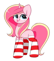 Size: 3513x4000 | Tagged: safe, artist:kittyrosie, derpibooru import, oc, oc:rosa flame, unofficial characters only, unicorn, christmas sockcs, clothes, high res, image, png, simple background, socks, striped socks, tongue out, transparent background