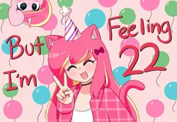 Size: 2048x1411 | Tagged: safe, artist:kittyrosie, derpibooru import, oc, oc:rosa flame, unofficial characters only, human, unicorn, balloon, choker, clothes, ear fluff, eyes closed, humanized, humanized oc, image, jpeg, neko, open mouth, socks, song reference, striped socks, taylor swift, tongue out