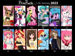 Size: 4096x3072 | Tagged: safe, alternate version, artist:kittyrosie, derpibooru import, fluttershy, izzy moonbow, rainbow dash, sunset shimmer, oc, oc:rosa flame, anthro, eevee, human, pegasus, pony, sylveon, unicorn, equestria girls, g5, 2023, alternate hairstyle, anime, art summary, barbie, barbie (film), barbie mugshot meme, bare shoulders, beach, belly, blushing, bowtie, breasts, bunny ears, bunny suit, busty sunset shimmer, chest fluff, choker, clothes, commission, corset, cuffs (clothes), cute, dashabetes, draw this in your style, dtiys emoflat, ear fluff, ear piercing, earring, female, food, g4, grin, hatsune miku, heart, heart eyes, high res, hoodie, hoof hold, horn, ice cream, image, izzybetes, jewelry, leg hold, leotard, looking at you, mare, meme, mugshot, one eye closed, one wing out, open mouth, open smile, partially open wings, piercing, playboy bunny, png, pokémon, pumpkin, rouge the bat, shyabetes, sitting, skirt, sleeveless, smiling, smiling at you, socks, solo, sonic the hedgehog (series), spiked choker, stockings, strapless, tanktop, thigh highs, tongue out, unshorn fetlocks, vocaloid, wall of tags, waving, wingding eyes, wings, ych example, your character here