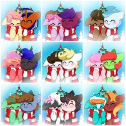 Size: 1080x1080 | Tagged: oc name needed, safe, artist:kittyrosie, derpibooru import, oc, oc:ebony rose, oc:echo breeze, unofficial characters only, pony, unicorn, christmas, clothes, commission, eyes closed, glasses, holiday, image, jpeg, mistleholly, scarf, striped scarf, ych result