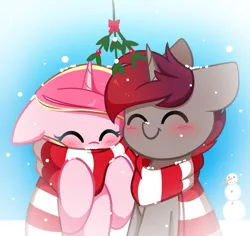 Size: 1699x1603 | Tagged: safe, artist:kittyrosie, derpibooru import, oc, oc:rosa flame, unicorn, christmas, clothes, eyes closed, holiday, image, mistleholly, oc x oc, png, scarf, shipping, striped scarf