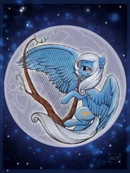 Size: 1620x2160 | Tagged: safe, artist:scheadar, derpibooru import, oc, oc:sunset songbird, unofficial characters only, pegasus, pony, female, full moon, harp, image, jewelry, jpeg, mare, moon, musical instrument, smiling, solo, wing hands, wings