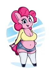 Size: 1753x2661 | Tagged: safe, artist:andelai, derpibooru import, pinkie pie, anthro, earth pony, unguligrade anthro, belly button, big breasts, breasts, busty pinkie pie, chonk, chubby, cleavage, female, high res, image, jpeg, solo