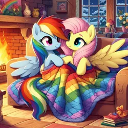 Size: 1024x1024 | Tagged: safe, ai content, derpibooru import, machine learning generated, fluttershy, rainbow dash, pegasus, pony, blanket, couch, duo, female, fireplace, flutterdash, g4, generator:bing image creator, generator:dall-e 3, image, jpeg, lesbian, mare, shipping, sitting