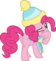 Size: 8838x9677 | Tagged: safe, artist:starryshineviolet, derpibooru import, pinkie pie, earth pony, pony, best gift ever, absurd resolution, beanie, butt, clothes, eyebrows, female, g4, hat, image, mare, plot, png, raised eyebrow, raised hoof, scarf, simple background, solo, transparent background, vector, winter outfit