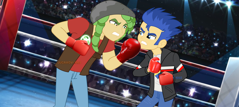 Size: 1920x864 | Tagged: safe, artist:jucamovi1992, derpibooru import, edit, vector edit, flash sentry, sandalwood, equestria girls, rainbow rocks, angry, battle of the bands, beanie, boxers, boxing, boxing gloves, boxing ring, clothes, facing each other, hat, image, jacket, leather, leather jacket, png, sports, vector, vector used