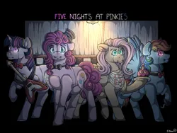 Size: 1280x960 | Tagged: safe, artist:binibean, derpibooru import, fluttershy, pinkie pie, rainbow dash, twilight sparkle, alicorn, earth pony, pegasus, pony, animatronic, bib, bowtie, electric guitar, female, five nights at freddy's, g4, glow, glowing eyes, guitar, hat, image, mare, musical instrument, png, solo, top hat
