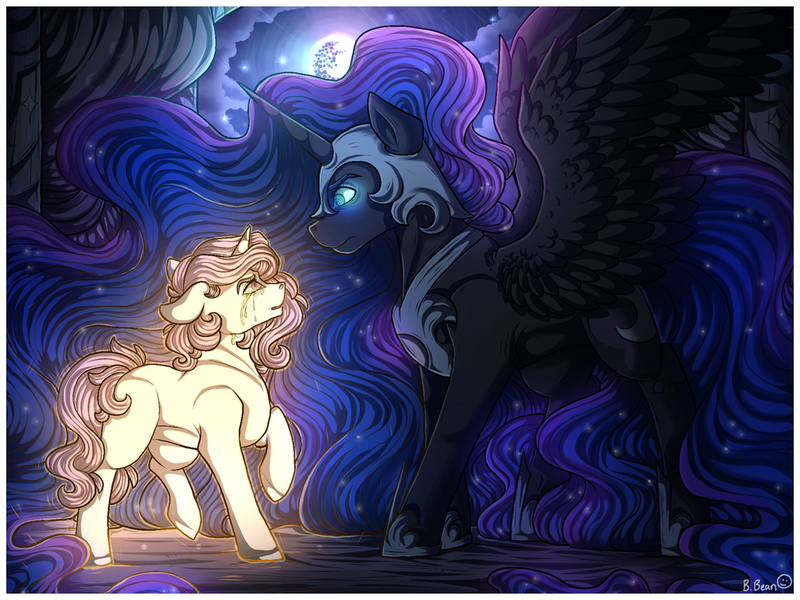 Size: 1280x960 | Tagged: safe, artist:binibean, derpibooru import, nightmare moon, princess celestia, alicorn, pony, unicorn, bad end, crying, duo, female, filly, filly celestia, floppy ears, frown, g4, glow, glowing eyes, image, looking at each other, looking at someone, mare, mare in the moon, moon, phantom, png, race swap, spread wings, story included, unicorn celestia, wings, younger