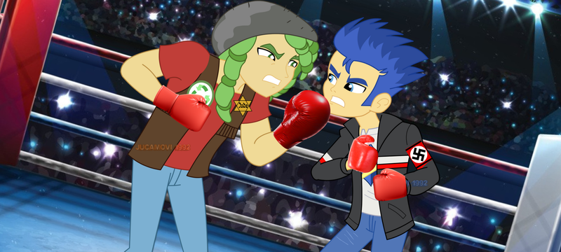 Size: 1920x864 | Tagged: safe, artist:jucamovi1992, derpibooru import, edit, vector edit, flash sentry, sandalwood, equestria girls, rainbow rocks, angry, armband, badge, battle of the bands, beanie, boxers, boxing, boxing gloves, boxing ring, clothes, facing each other, hat, image, jacket, jew, jewish badge, jewish person, leather, leather jacket, nazi, nazi armband, png, sports, star of david, swastika, vector, vector used
