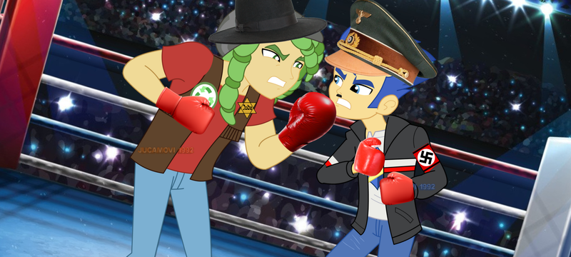 Size: 1920x864 | Tagged: safe, artist:jucamovi1992, derpibooru import, edit, vector edit, flash sentry, sandalwood, equestria girls, rainbow rocks, adolf hitler, angry, armband, badge, battle of the bands, beanie, boxers, boxing, boxing gloves, boxing ring, clothes, facial hair, facing each other, hat, image, jacket, jew, jewish badge, jewish person, leather, leather jacket, moustache, nazi, nazi armband, png, sports, star of david, swastika, toothbrush moustache, vector, vector used