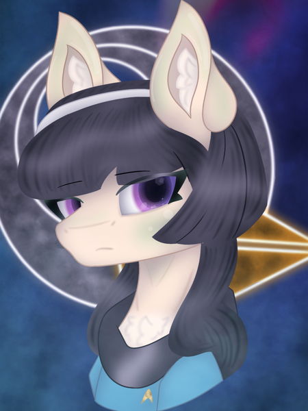 Size: 2766x3688 | Tagged: safe, artist:sodapop sprays, derpibooru import, oc, unofficial characters only, earth pony, pony, chest fluff, combadge, ear fluff, image, insignia, looking at you, oc't'trot, png, simple background, solo, star trek, star trek (tos), vulcan