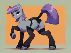 Size: 1920x1440 | Tagged: suggestive, ai content, derpibooru import, machine learning generated, maud pie, earth pony, pony, abstract background, butt, clothes, derpibooru exclusive, ear fluff, female, frilly underwear, g4, garter belt, garters, generator:pony diffusion v6 xl, hooves, image, jpeg, lidded eyes, looking at you, looking back, looking back at you, mare, panties, plot, prompter:siber, raised hoof, socks, solo, tail, tail wrap, thigh highs, underhoof, underwear
