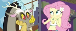 Size: 2482x1031 | Tagged: safe, derpibooru import, edit, edited screencap, editor:ah96, screencap, discord, fluttershy, draconequus, human, equestria girls, legend of everfree, make new friends but keep discord, adorable face, adorasexy, belly button, blushing, camp everfree outfits, clothes, cropped, cute, discoshy, discute, female, g4, image, male, midriff, png, puppy dog eyes, sexy, shipping, shyabetes, sports bra, straight