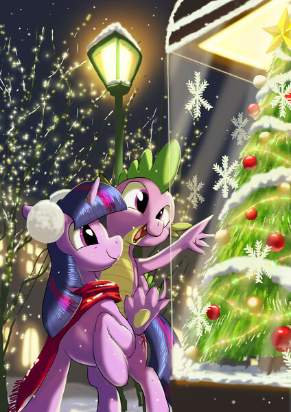 Size: 2480x3508 | Tagged: safe, artist:neoshrek, derpibooru import, spike, twilight sparkle, dragon, pony, unicorn, christmas, christmas tree, clothes, dragons riding ponies, duo, earmuffs, female, holiday, image, jpeg, lamppost, looking at something, male, mare, night, riding, scarf, smiling, snow, snowfall, snowflake, spike riding twilight, tree, unicorn twilight