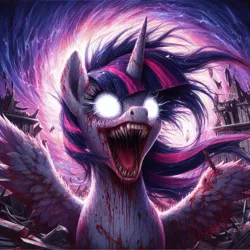 Size: 2048x2048 | Tagged: grimdark, ai content, derpibooru import, machine learning generated, twilight sparkle, alicorn, pony, blood, generator:bing image creator, happy, image, laughing mad, png, sharp teeth, solo, teeth
