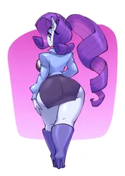 Size: 1089x1536 | Tagged: suggestive, artist:bigdad, derpibooru import, rarity, human, ass, breasts, busty rarity, butt, clothes, female, g4, horn, horned humanization, humanized, image, jpeg, large butt, looking back, rear view, rearity, smiling, solo