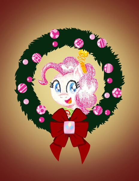 Size: 2550x3300 | Tagged: safe, artist:flutterluv, derpibooru import, part of a set, pinkie pie, earth pony, pony, bust, christmas, christmas wreath, g4, gradient background, holiday, image, jpeg, portrait, smiling, solo, wreath