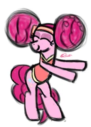 Size: 2707x3779 | Tagged: safe, artist:zestymf, derpibooru import, pinkie pie, earth pony, pony, afro, balloonbutt, bipedal, buckball, buckball uniform, butt, clothes, cutie mark, dancing, eyes closed, eyeshadow, happy, headband, image, makeup, paint tool sai, pinkie being pinkie, pinktails pie, png, signature, simple background, smiling, solo, uniform, white background