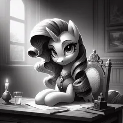 Size: 1024x1024 | Tagged: prompter needed, safe, ai content, derpibooru import, machine learning generated, rarity, pony, unicorn, candle, chair, clothes, desk, female, g4, generator:dall-e 3, glass of water, grayscale, image, indoors, jpeg, looking at you, mare, monochrome, office, painting, paper, pen, solo, window