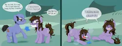 Size: 5000x1914 | Tagged: safe, artist:mentalcrash, derpibooru import, oc, oc:honey forest, unofficial characters only, earth pony, pony, bald, crazy face, faic, glasses, high res, image, insanity, jpeg, laughing, mouth hold, poison joke, speech bubble, transformation, twinning
