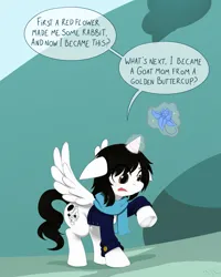 Size: 3000x3750 | Tagged: safe, artist:mentalcrash, derpibooru import, oc, unofficial characters only, alicorn, pony, alicorn oc, clothes, floppy ears, high res, horn, image, jpeg, levitation, magic, poison joke, scarf, solo, speech bubble, spread wings, telekinesis, transformation, transformed, wings