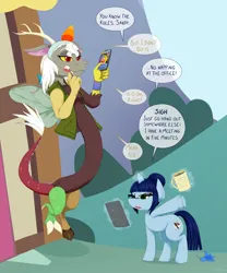 Size: 4167x5000 | Tagged: safe, artist:mentalcrash, derpibooru import, discord, oc, draconequus, pony, unicorn, clothes, dialogue, eris, flying, glasses, high res, homestuck, image, jpeg, mobile phone, mug, phone, poison joke, rule 63, smartphone, speech bubble, transformation, transformed, unamused