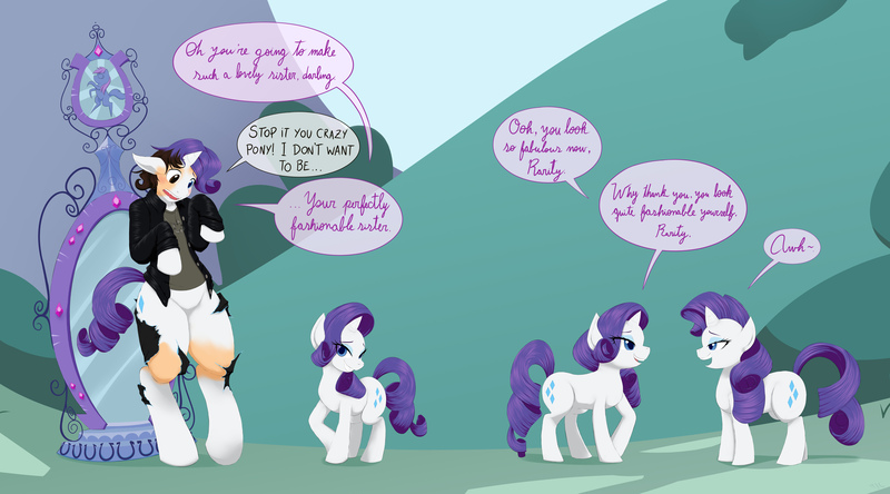 Size: 5000x2778 | Tagged: safe, artist:mentalcrash, derpibooru import, rarity, oc, unofficial characters only, human, pony, unicorn, clothes, dialogue, female, grin, high res, human to pony, image, jpeg, magic mirror, male to female, mare, narcissism, ripping clothes, rule 63, smiling, speech bubble, teeth, transformation, transgender transformation, twinning
