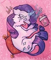 Size: 512x594 | Tagged: safe, artist:kuakkit, derpibooru import, rarity, pony, unicorn, cloven hooves, crying, curled up, curved horn, female, food, horn, ice cream, image, jpeg, lying down, magic, makeup, mare, pillow, running makeup, solo, spoon, telekinesis, unshorn fetlocks