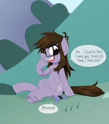 Size: 3650x4134 | Tagged: safe, artist:mentalcrash, derpibooru import, oc, oc:honey forest, unofficial characters only, earth pony, pony, dialogue, female, glasses, grin, high res, image, jpeg, macro, mare, sitting, sitting on, sitting on person, sitting on pony, smiling, speech bubble
