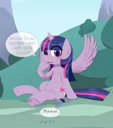 Size: 3650x4134 | Tagged: safe, artist:mentalcrash, derpibooru import, twilight sparkle, twilight sparkle (alicorn), oc, alicorn, pony, blushing, dialogue, eye clipping through hair, female, grin, high res, image, jpeg, macro, mare, sitting, sitting on, sitting on person, sitting on pony, smiling, speech bubble, spread wings, wings, worried