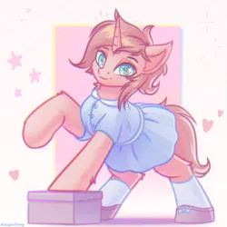 Size: 2000x2000 | Tagged: safe, artist:adagiostring, derpibooru import, oc, unofficial characters only, pony, unicorn, abstract background, clothes, commission, crossdressing, cute, dress, dressup, image, looking at you, male, png, simple background, smiling, solo, solo focus, stallion, standing