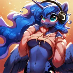 Size: 4096x4096 | Tagged: suggestive, ai content, derpibooru import, machine learning generated, stable diffusion, princess luna, alicorn, anthro, gamer luna, belly, belly button, breasts, clothes, cute, ethereal hair, ethereal mane, ethereal tail, g4, gaming headset, generator:purplesmart.ai, headset, hoodie, horn, image, jpeg, panties, prompter:anonynmi, ribcage, royalty, simple background, tail, thin, underboob, underwear, wings
