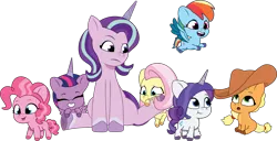Size: 2529x1295 | Tagged: safe, artist:prixy05, derpibooru import, applejack, fluttershy, pinkie pie, rainbow dash, rarity, starlight glimmer, twilight sparkle, twilight sparkle (alicorn), alicorn, earth pony, pegasus, pony, unicorn, g5, my little pony: tell your tale, baby, baby pony, female, filly, filly applejack, filly fluttershy, filly pinkie pie, filly rainbow dash, filly rarity, filly twilight sparkle, foal, g4, g4 to g5, generation leap, image, mane six, mare, png, simple background, sitting, transparent background, vector, younger