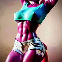 Size: 3000x3000 | Tagged: suggestive, ai content, derpibooru import, generator:pony diffusion v6, machine learning generated, stable diffusion, cheerilee, anthro, abs, arms in the air, belly button, breasts, clothes, dancing, erect nipples, female, generator:purplesmart.ai, head out of frame, high res, hot pants, image, muscles, muscular female, nipple outline, png, prompter:yourclopaccount2, short shirt, shorts, solo, solo female, underboob