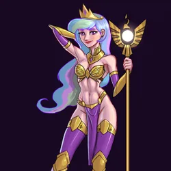 Size: 1800x1800 | Tagged: suggestive, artist:dinosaurcol, derpibooru import, princess celestia, human, armor, armpits, beautiful, belly button, clothes, humanized, image, jewelry, loincloth, png, sexy, smiling, solar empire, staff, tiara, unconvincing armor