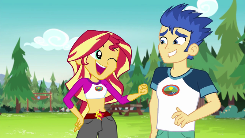 Size: 1280x720 | Tagged: safe, derpibooru import, edit, edited screencap, screencap, flash sentry, sunset shimmer, equestria girls, legend of everfree, belly button, camp everfree, camp everfree outfits, female, flashimmer, image, male, midriff, one eye closed, pine tree, png, punch, shipping, straight, tree, wink