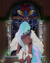 Size: 2880x3615 | Tagged: suggestive, artist:riizatensely, derpibooru import, princess celestia, anthro, 3d, belly button, blender, breasts, busty princess celestia, butt, christmas, clothes, erotica, female, g4, holiday, image, png, sexy, solo, solo female, source filmmaker, sunbutt, sweater, transparent mane
