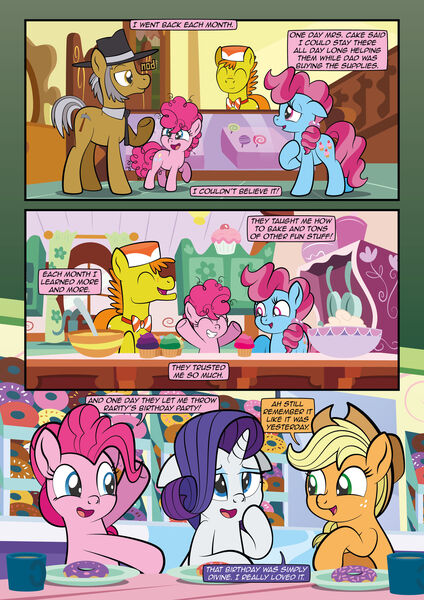 Size: 1920x2715 | Tagged: safe, artist:alexdti, derpibooru import, applejack, carrot cake, cup cake, igneous rock pie, pinkie pie, rarity, earth pony, pony, unicorn, comic:how we met, comic, cupcake, dialogue, donut, female, filly, filly pinkie pie, food, image, jpeg, younger
