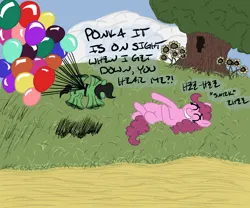 Size: 2400x2000 | Tagged: safe, artist:anonymous, pinkie pie, oc, oc:anonfilly, pony, /mlp/, 4chan, angry, balloon, drawthread, duo, female, filly, floating, flower, image, mare, oak, on back, png, sunflower, tree hollow