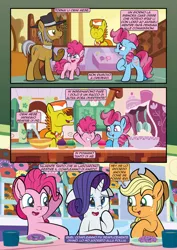 Size: 1920x2715 | Tagged: safe, artist:alexdti, derpibooru import, applejack, carrot cake, cup cake, igneous rock pie, pinkie pie, rarity, earth pony, pony, unicorn, comic:how we met (italian), comic, cupcake, dialogue, donut, female, filly, filly pinkie pie, foal, food, image, italian, jpeg, younger