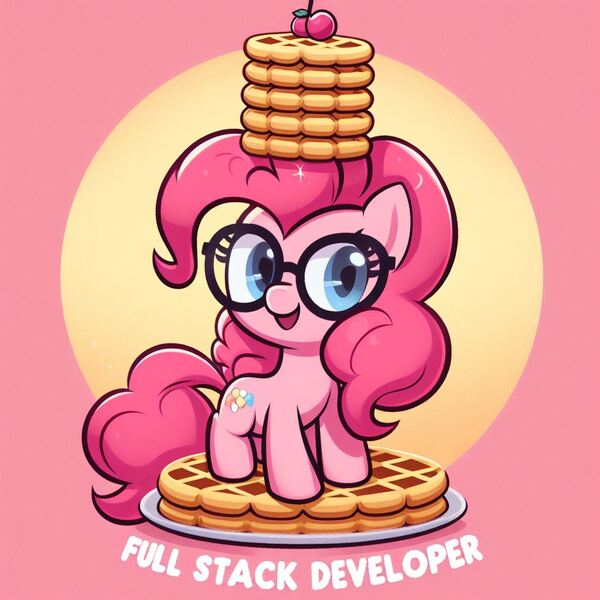 Size: 1024x1024 | Tagged: safe, ai content, derpibooru import, machine learning generated, pinkie pie, ponified, earth pony, pony, chibi, food, generator:dall-e 3, glasses, image, jpeg, looking at you, meme, ponified meme, simple background, smiling, smol, solo, text, tower, waffle