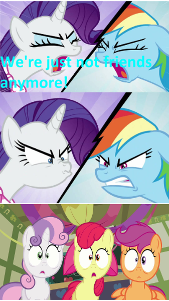 Size: 339x603 | Tagged: safe, derpibooru import, apple bloom, rainbow dash, rarity, scootaloo, sweetie belle, earth pony, pegasus, pony, unicorn, the end in friend, angry, cutie mark crusaders, female, g4, image, png, reaction image, shocked