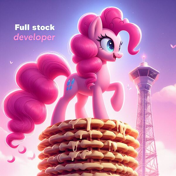 Size: 1024x1024 | Tagged: safe, ai content, derpibooru import, machine learning generated, pinkie pie, ponified, earth pony, pony, chibi, food, generator:dall-e 3, image, jpeg, looking at you, meme, misspelling, ponified meme, simple background, smiling, smol, solo, text, tower, waffle, wrong cutie mark