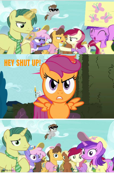 Size: 426x645 | Tagged: safe, derpibooru import, scootaloo, earth pony, pegasus, pony, unicorn, fame and misfortune, the return of harmony, fans, female, filly, foal, g4, image, male, png, reaction image, scolding