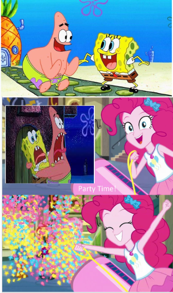 Size: 376x634 | Tagged: safe, derpibooru import, edit, edited screencap, screencap, pinkie pie, human, equestria girls, female, g4, image, male, party cannon, patrick star, png, spongebob squarepants, spongebob squarepants (character)