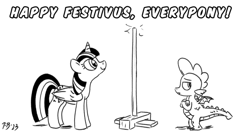 Size: 1200x675 | Tagged: safe, artist:pony-berserker, derpibooru import, spike, twilight sparkle, twilight sparkle (alicorn), alicorn, dragon, festivus, festivus pole, image, png, pony-berserker's twitter sketches, pony-berserker's twitter sketches (2023), seinfeld, simple background, white background, winged spike, wings