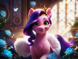 Size: 4096x3072 | Tagged: safe, ai content, derpibooru import, machine learning generated, stable diffusion, pipp petals, pegasus, pony, g5, crown, female, flower, generator:pony diffusion v6 xl, generator:purplesmart.ai, image, jewelry, jpeg, looking at you, mare, regalia, smiling, solo, wings
