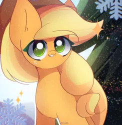 Size: 2500x2560 | Tagged: safe, artist:miryelis, derpibooru import, applejack, earth pony, pony, big ears, cute, female, g4, image, long hair, mare, png, smiling, snow, snowflake, solo, sparkles, standing